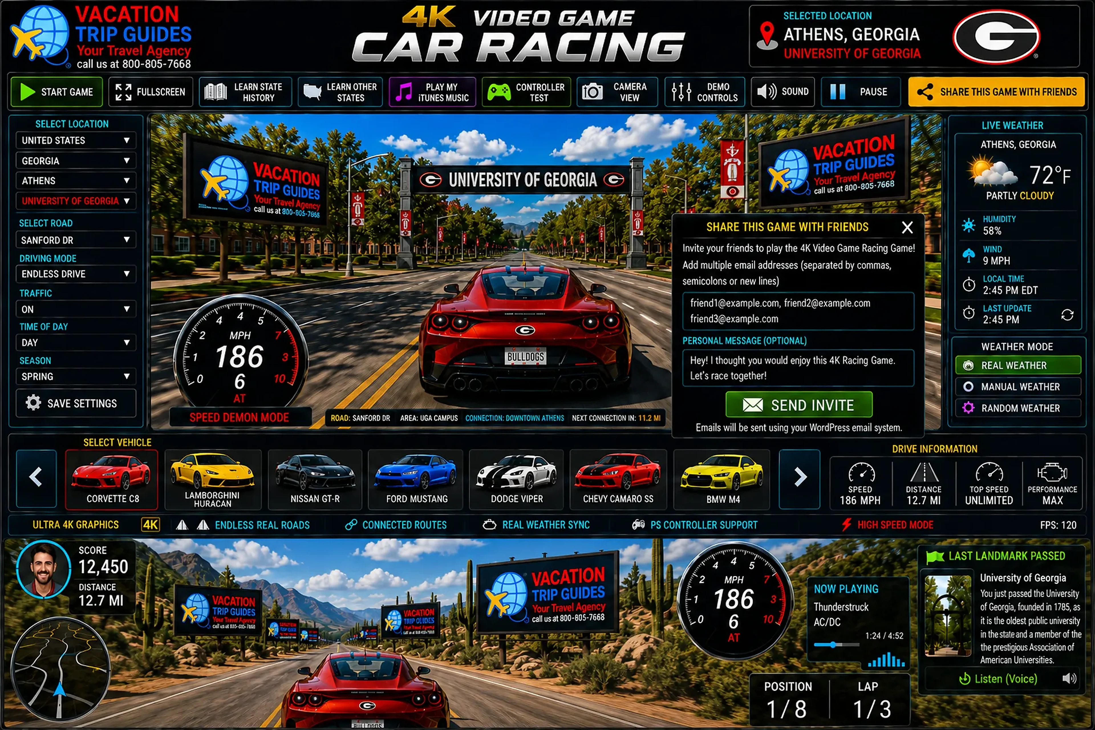 Vacation Trip Guides Educational 4K Racing Car Game dashboard