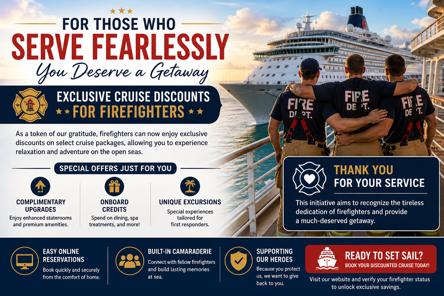 Firefighters offered exclusive cruise discounts.